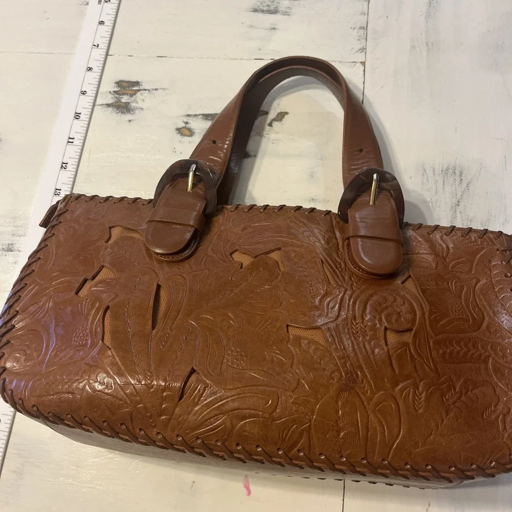 via spiga bag Satchel Brown With Cut Out Designs Leather